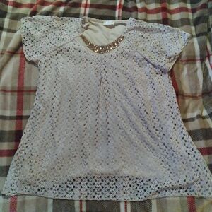 Brittany Black Shirt Women's Beige Sz-2XL-Lined Lace with Gemstone Neck Accents